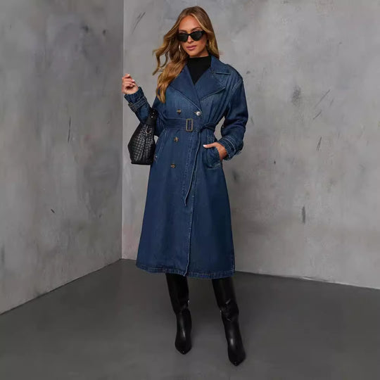 Damen Denim Trenchcoat mit Gürtel und praktischen Taschen EB