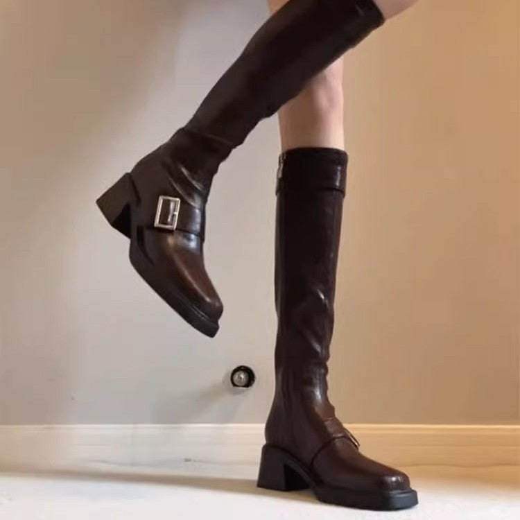Damen modische Stiefel mit elegantem Schnallenverschluss und robustem Blockabsatz EB
