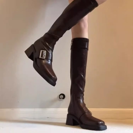 Damen modische Stiefel mit elegantem Schnallenverschluss und robustem Blockabsatz EB