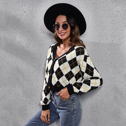 Damen Modischer Karodeckpullover mit tiefem V-Ausschnitt und eleganten Knopfdetails EB