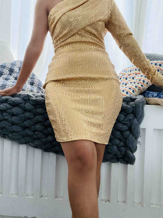 Damen Funktionsminikleid mit asymmetrischem Design und Kristallverzierung EB