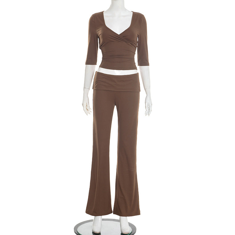 Damen lässiges Set aus elegantem Oberteil und fließenden Schlaghosen EB
