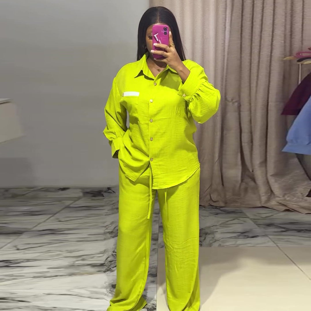 Damen lässiges Zweiteiler Set mit langärmeliger Bluse und weiten Hosen EB