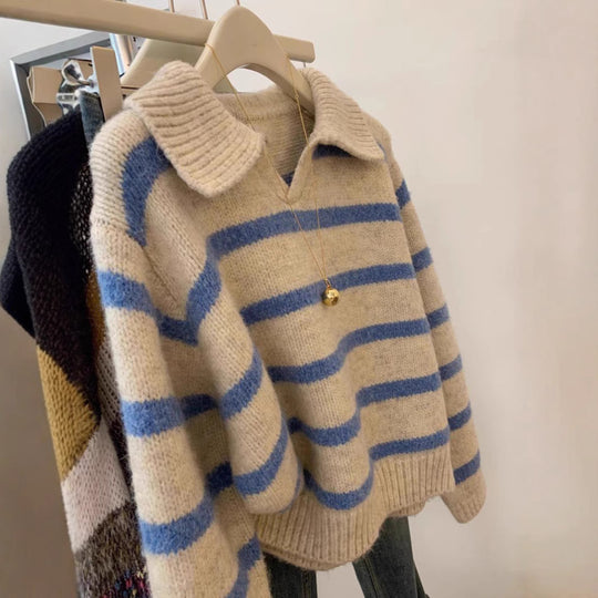 Damen Strickpullover mit V-Ausschnitt und strukturiertem Streifenmuster EB