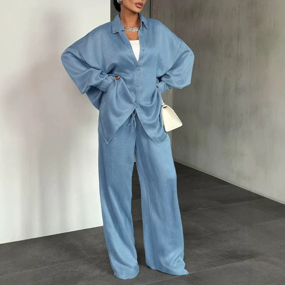 Damen Zweiteiliges Oversize-Hemd- und Palazzo-Set im fließenden Denim-Look EB