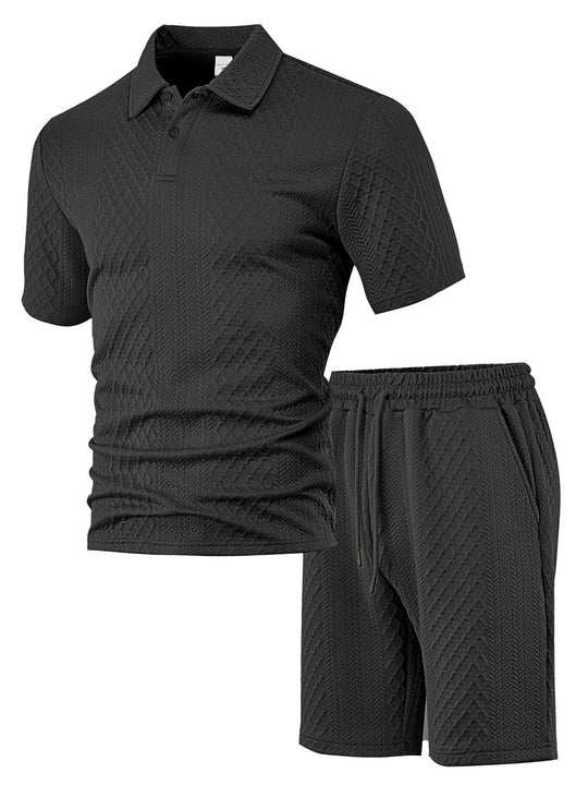 Herren nan geprägtes Waffel-Polo mit Kentkragen und elastischer Tunnelzugshorts im Set EB