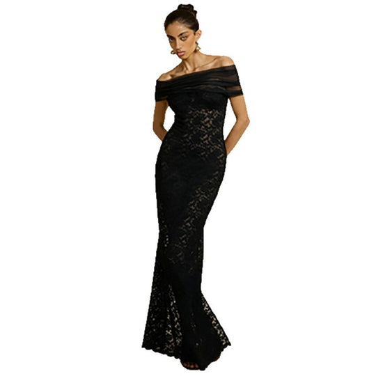 Damen Spitzen-Maxikleid mit schulterfreiem Design und elegantem Drapierungseffekt EB