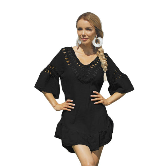 Damen Freizeitkleid mit raffinierten Lochmustern und voluminösen Ärmeln EB