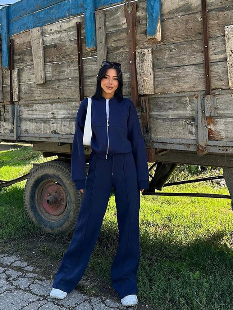 Damen nan Oversize Reißverschlussjacke mit weiter High-Waist Loungehose Set EB