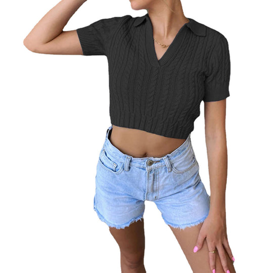 Damen Kurzarm-Pullover mit V-Ausschnitt und edler Kabelmusterstruktur EB
