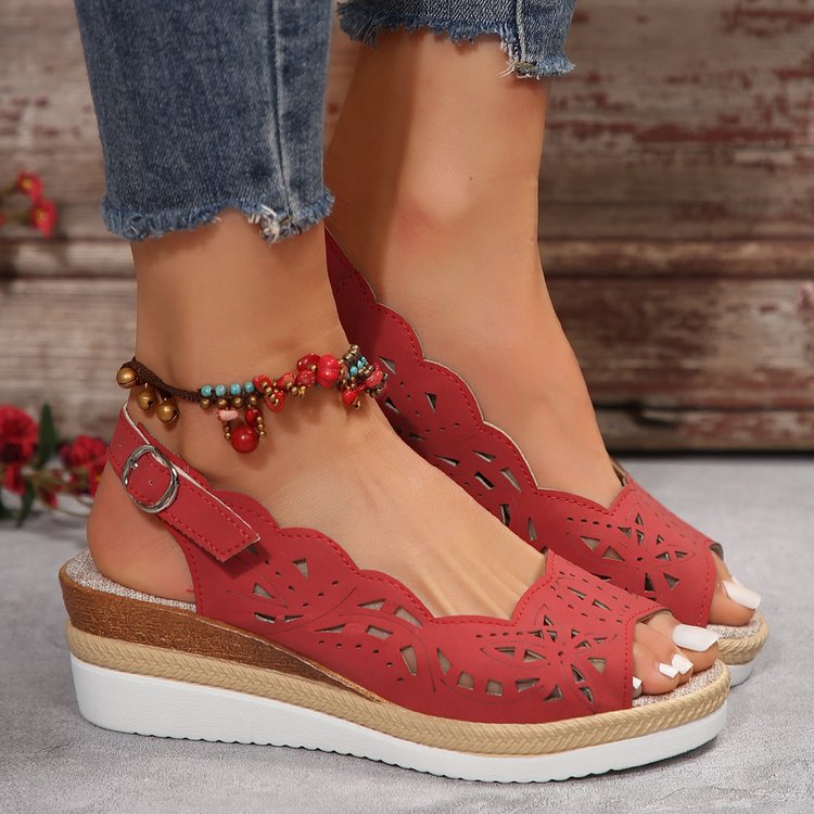 Damen komfortable Wedge-Sandalen mit floralem Cut-Out-Design EB