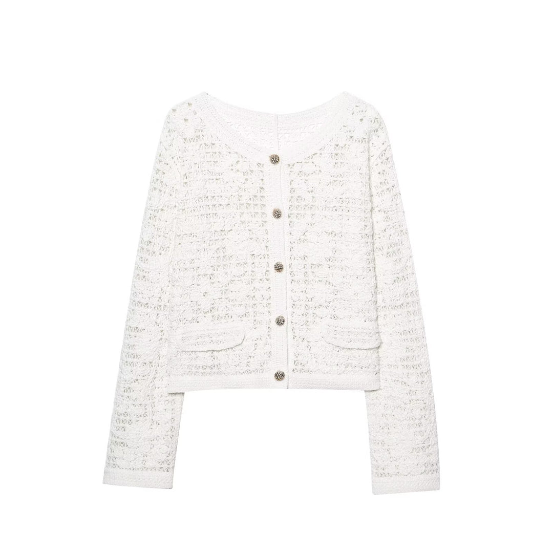 Damen Strickjacke mit feiner Häkelstruktur und praktischen Taschen EB