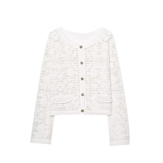 Damen Strickjacke mit feiner Häkelstruktur und praktischen Taschen EB