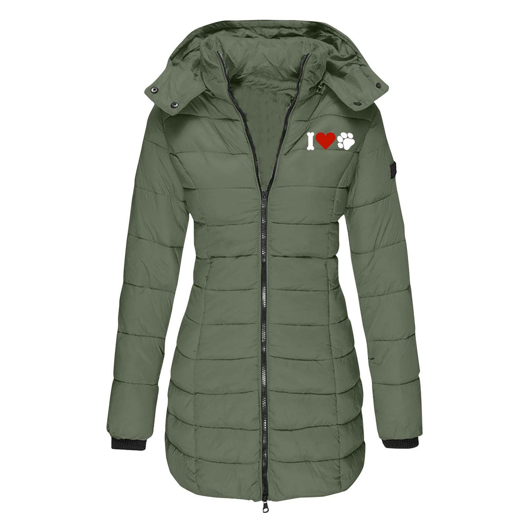 Damen nan gesteppte Steppjacke mit Kapuze, taillierter Silhouette und Herz-Pfoten-Print EB