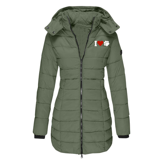 Damen nan gesteppte Steppjacke mit Kapuze, taillierter Silhouette und Herz-Pfoten-Print EB