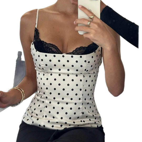 Damen Spaghettiträgertop mit Spitze und elegantem Punktedesign EB