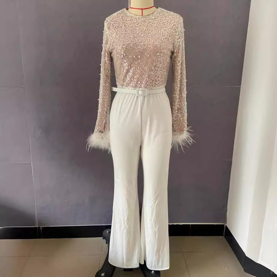 Damen Glitzerndes Oberteil mit langen Ärmeln und eleganter Hose EB