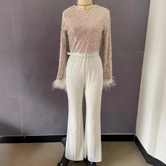 Damen Glitzerndes Oberteil mit langen Ärmeln und eleganter Hose EB