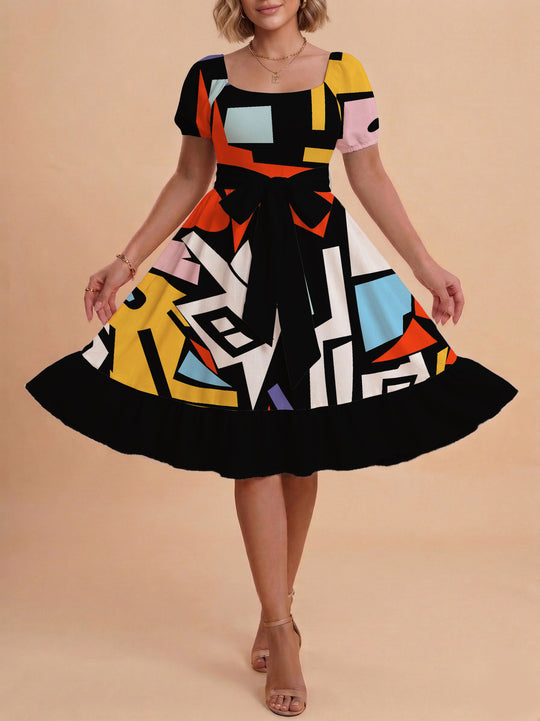 Damen schickes Glitzerkleid mit tailliertem Schnitt und Rüschensaum EB