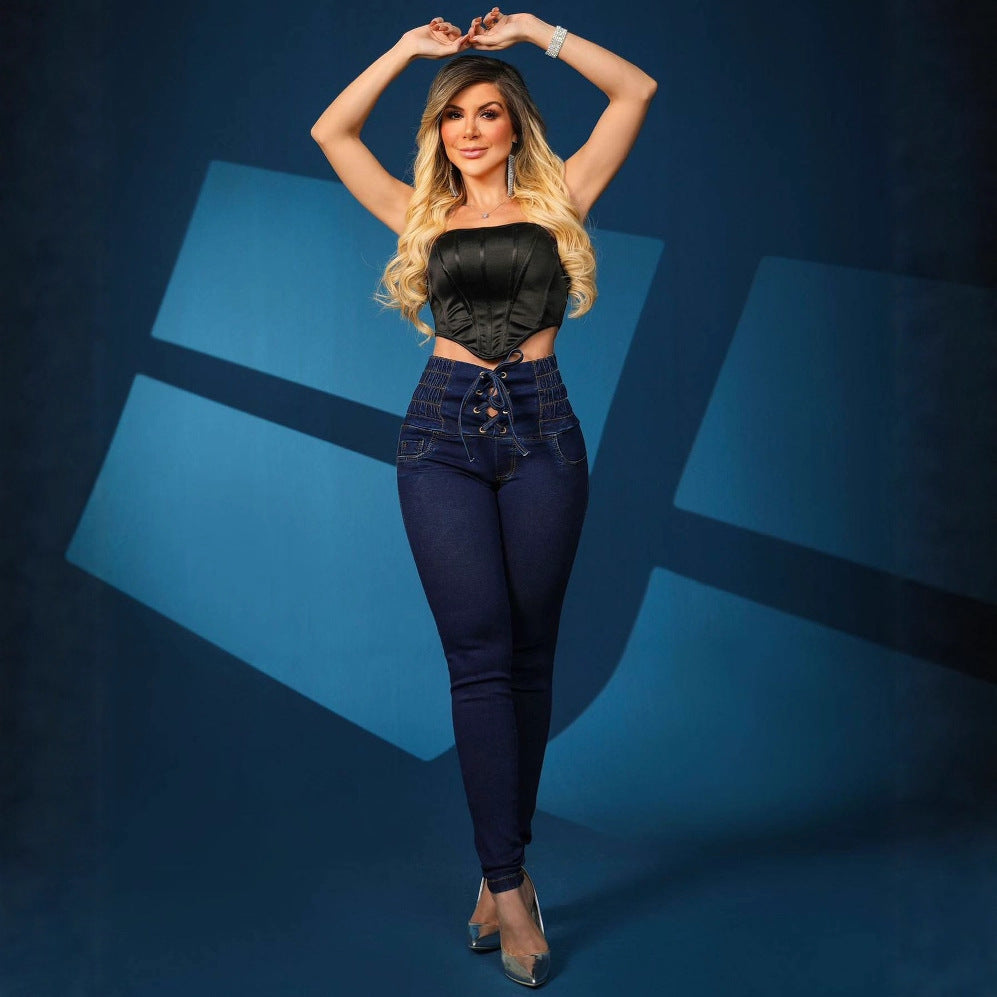Damen Skinny Jeans mit modischem Schnürdetail und hohem Taillenbund EB