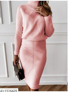 Damen Strickkleid mit hohem Kragen und eleganter Rippstruktur EB