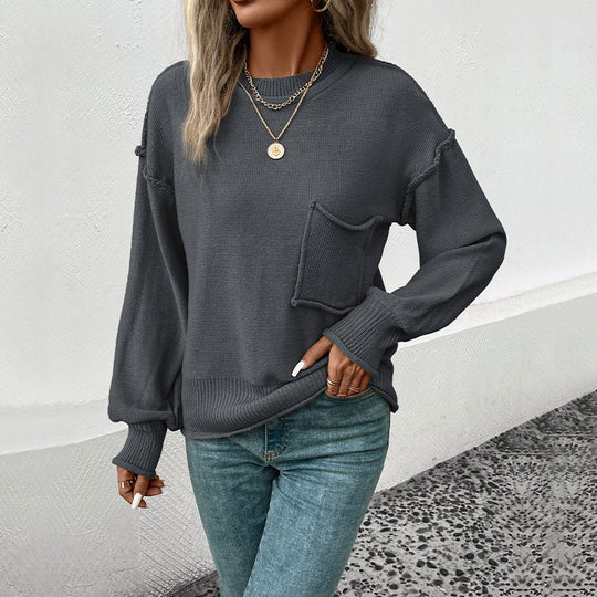 Damen lässiger Pullover mit voluminösen Ärmeln und praktischer Taschendetail EB