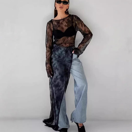 Damen transparente Spitzenbluse mit langen Ärmeln und lässigem Rückenausschnitt EB