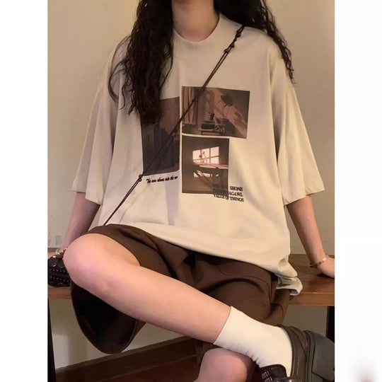 Damen modisches Kurzarm-T-Shirt mit kreativem Fotodruck und lockerer Passform EB
