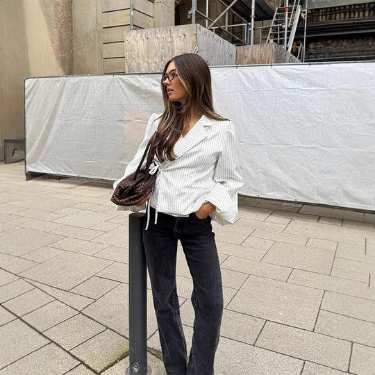 Damen elegante Taillierte Bluse mit voluminösen Ärmeln EB
