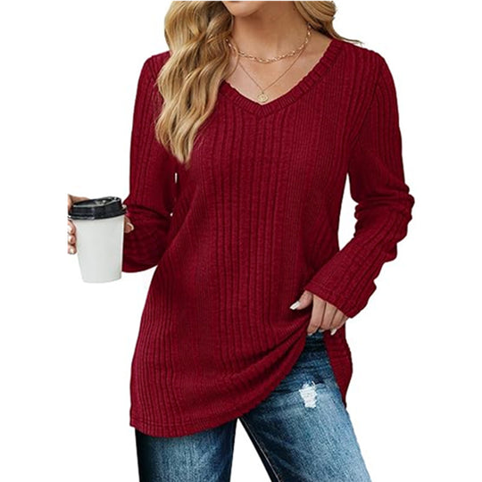 Damen modischer V-Ausschnitt Pullover mit Rippstruktur EB