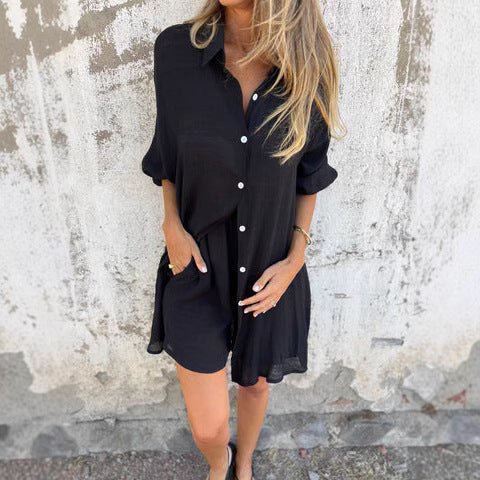 Damen legeres Baumwoll-Shorts-Set mit oversized Hemd und elastischem Bund EB