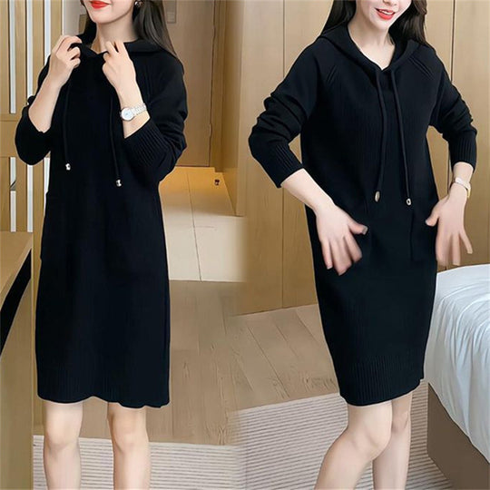 Damen Strickkleid mit Kapuze und praktischen Taschen EB