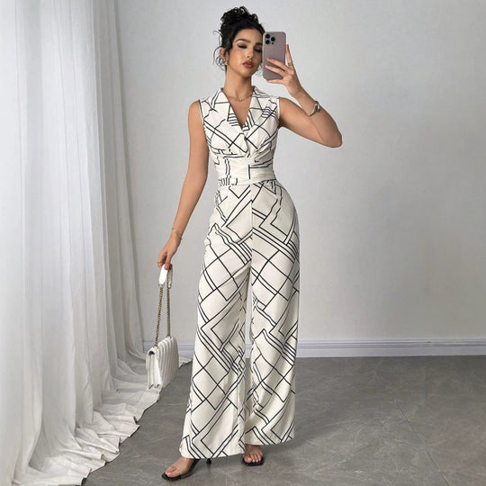 Damen Eleganter Jumpsuit mit geometrischem Muster und taillierter Passform EB
