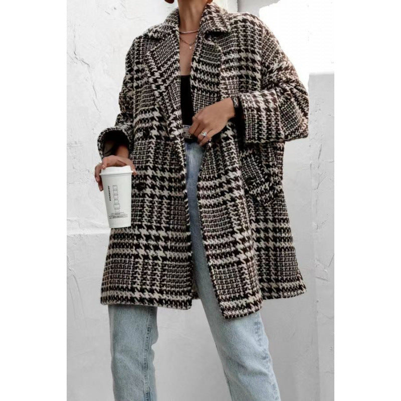 Damen Oversized Wollmantel mit Karomuster und hoher Kragenführung EB