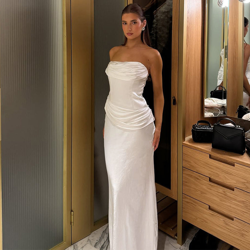 Damen elegantes Maxikleid mit raffiniertem Drapé und schulterfreiem Design EB