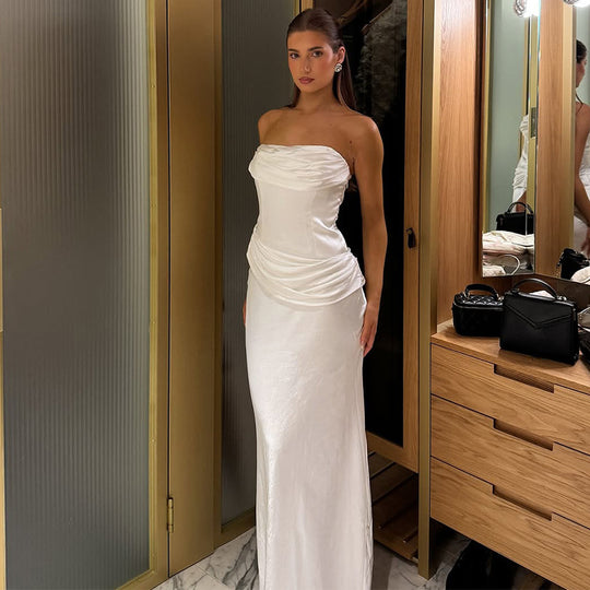 Damen elegantes Maxikleid mit raffiniertem Drapé und schulterfreiem Design EB