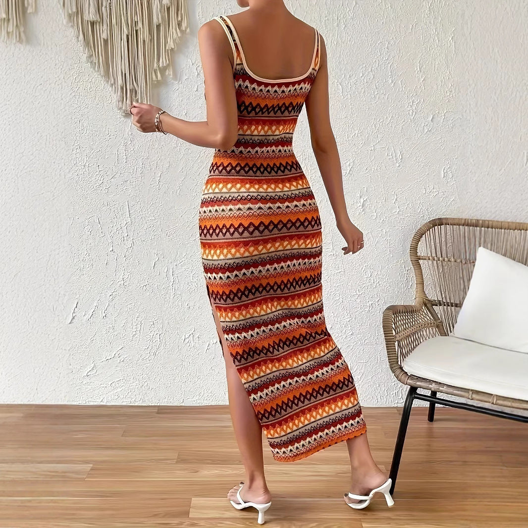 Damen Maxikleid mit geometrischem Muster und seitlichem Schlitz EB