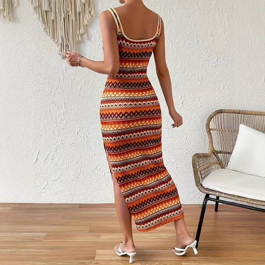 Damen Maxikleid mit geometrischem Muster und seitlichem Schlitz EB