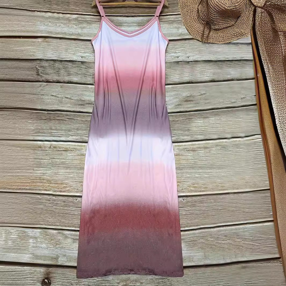Damen Maxikleid mit sportlichem V-Ausschnitt und modischem Farbverlauf EB