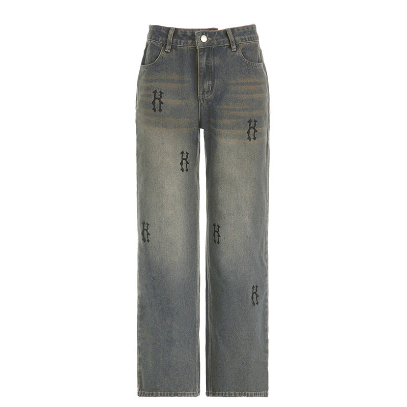 Damen nan hochtaillierte weite Denim-Jeans mit geradem Bein, Five-Pocket und Ton-in-Ton Stickerei EB