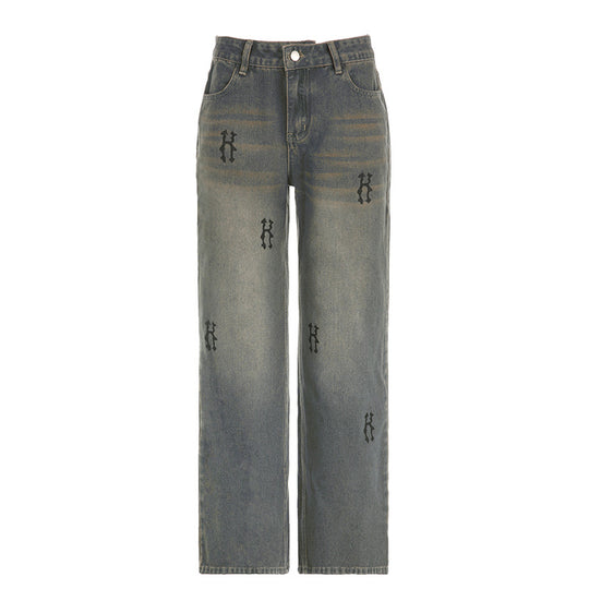 Damen nan hochtaillierte weite Denim-Jeans mit geradem Bein, Five-Pocket und Ton-in-Ton Stickerei EB