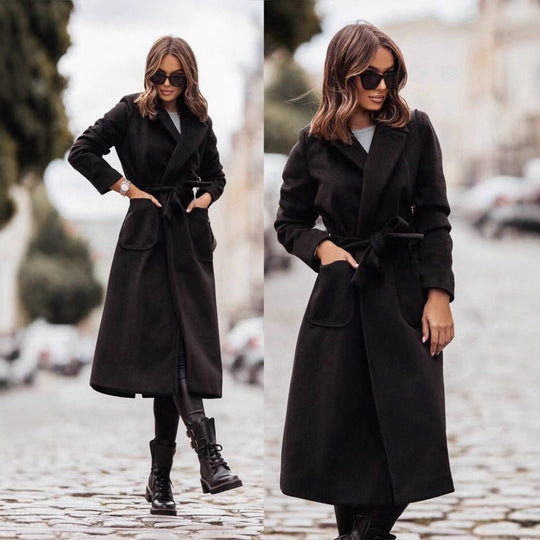 Damen Eleganter Wickel-Mantel mit praktischen Taschen und taillierbarem Gürtel EB
