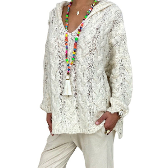 Damen nan oversized Kapuzenpullover mit Zopfmuster, tiefem V-Ausschnitt und seitlichen Schlitzen EB