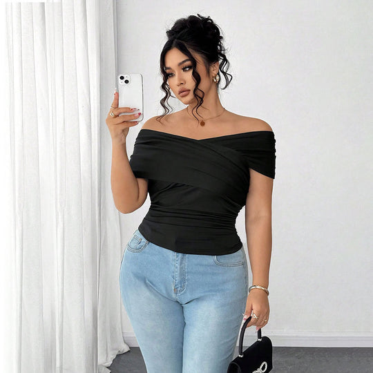 Damen elegantes Wickeloberteil mit schulterfreiem Design und Raffung EB