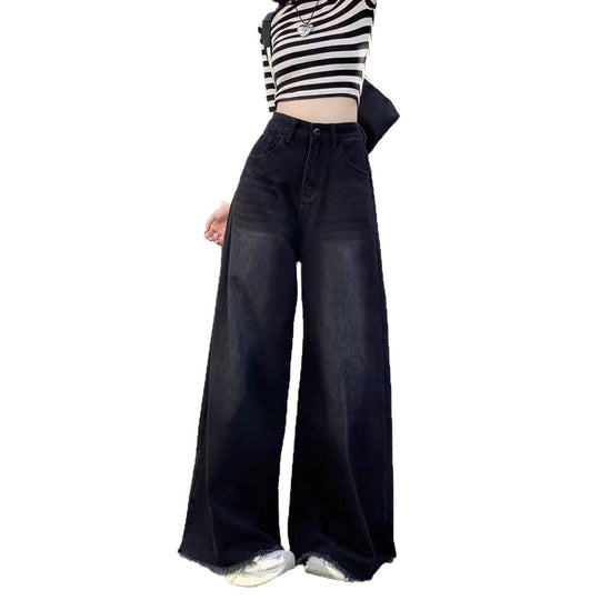 Damen Weite High-Waist Denim-Hose mit modischem Schnitt und auffälligem Gürtel EB