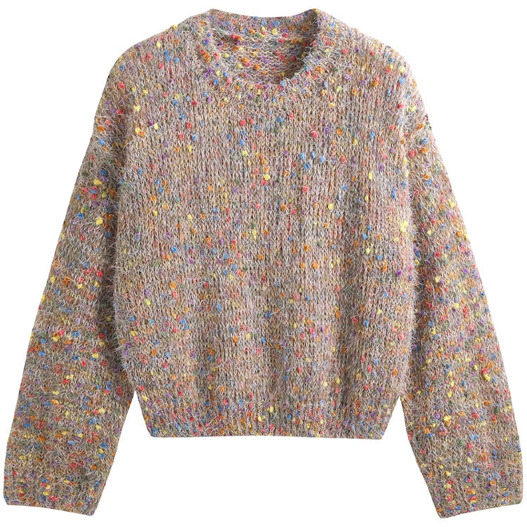 Damen modischer Pullover mit buntem Strukturstrick und Rundhalsausschnitt EB