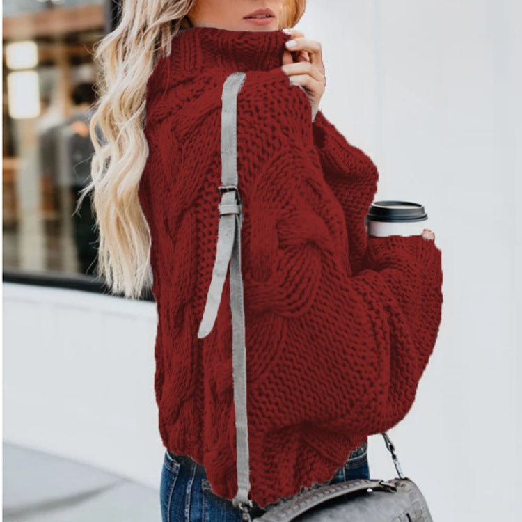 Damen Grobstrickpullover mit hohem Kragen und Zopfmuster EB