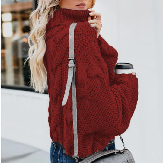 Damen Grobstrickpullover mit hohem Kragen und Zopfmuster EB