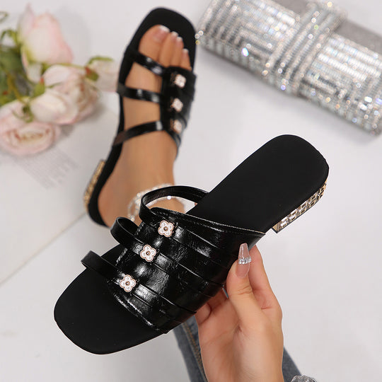 Damen elegante Riemchensandalen mit dekorativen Blüten EB