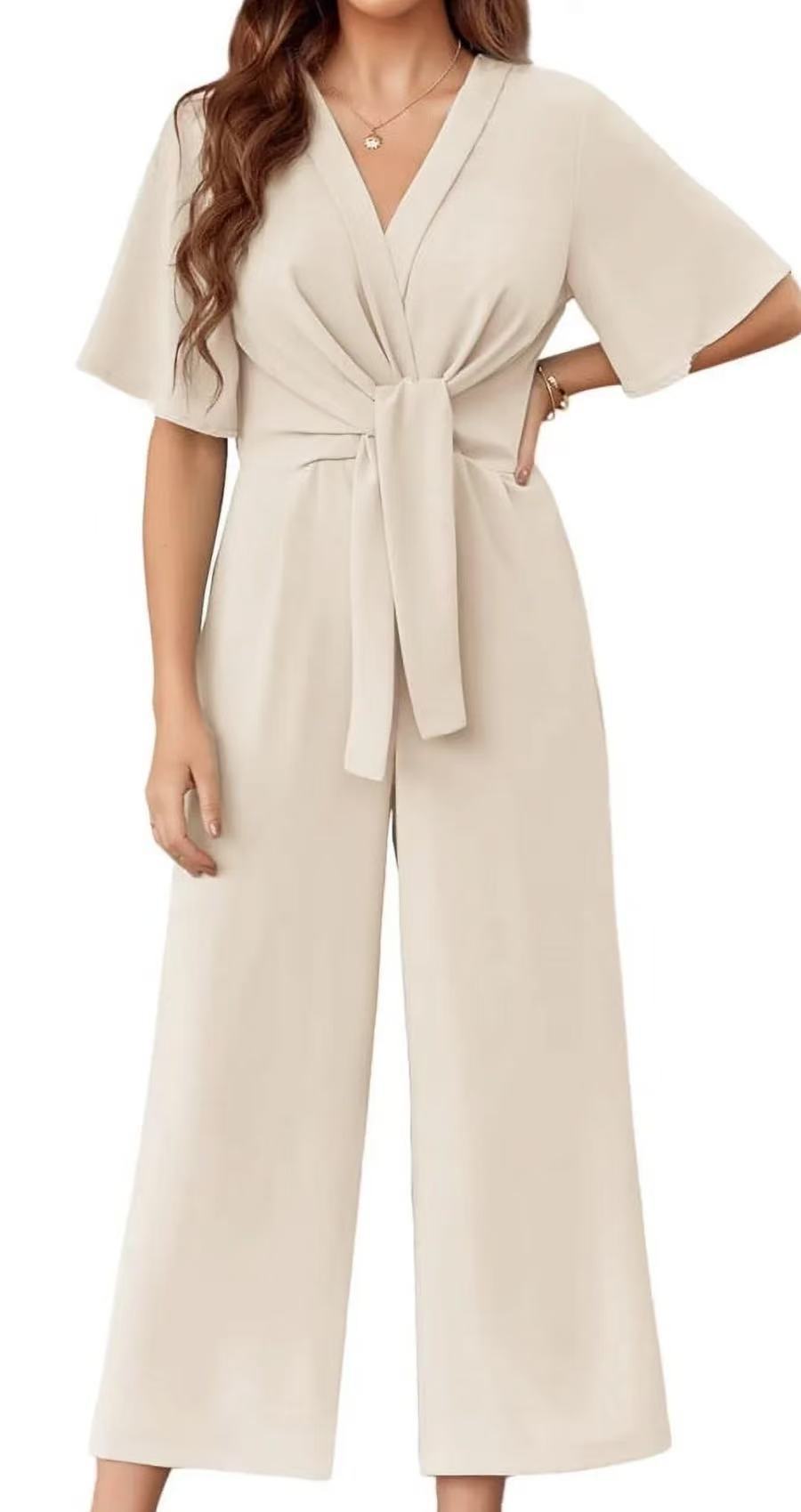 Damen eleganter Jumpsuit mit tiefem V-Ausschnitt und Poncho-Ärmeln EB